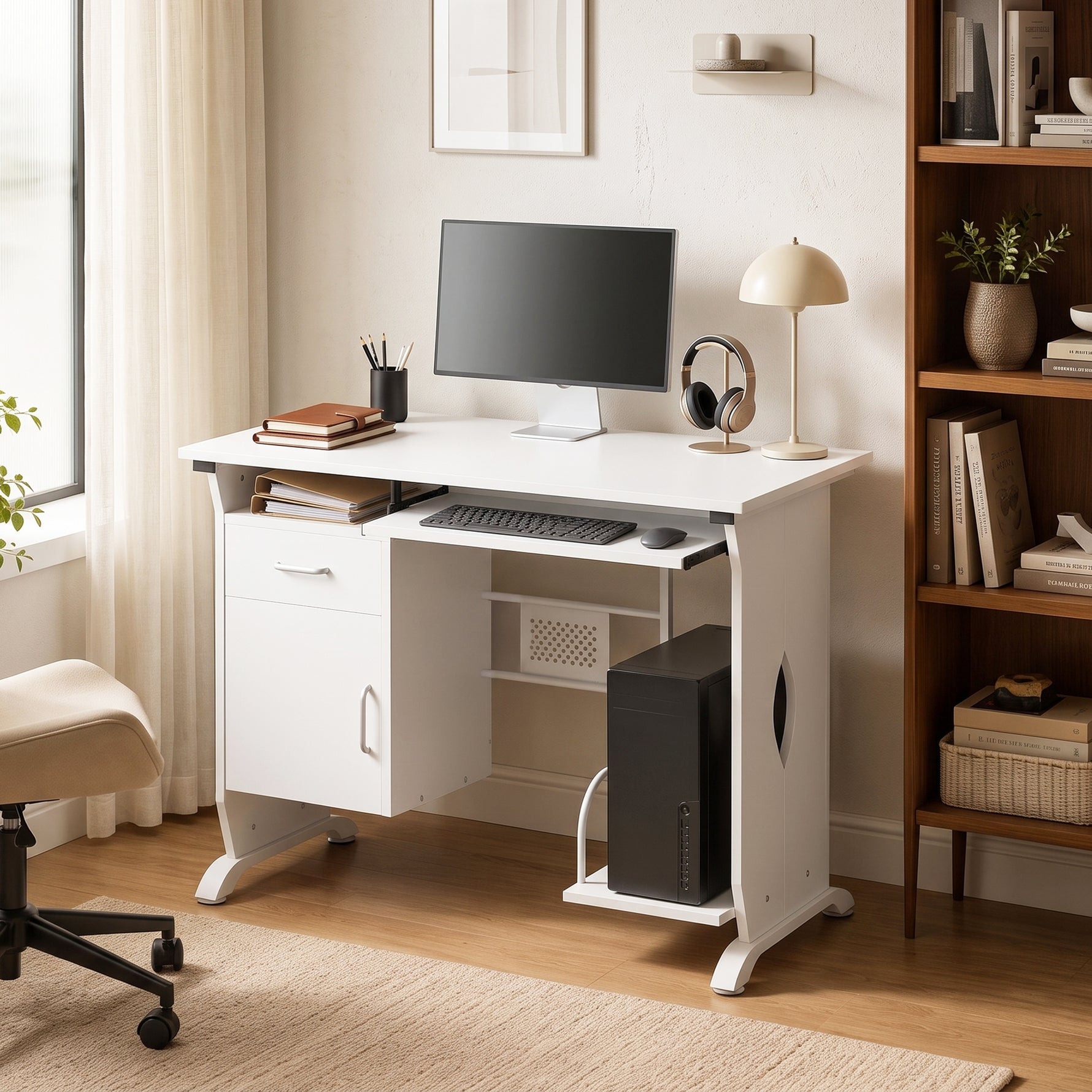 Bureau d'ordinateur, 100 x 52 x 75 cm, tablette coulissante pour clavier, tiroirs et support d'unité centrale, blanc