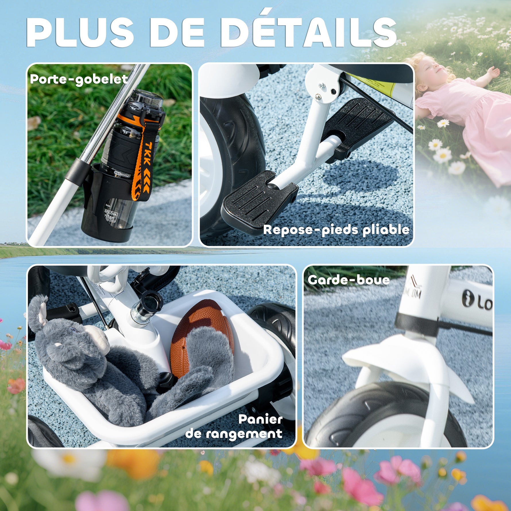 Tricycle Enfants Pare-Soleil Pliable Canne Amovible Benne Rangement 105 x 47 x 98 cm Acier Blanc et Noir