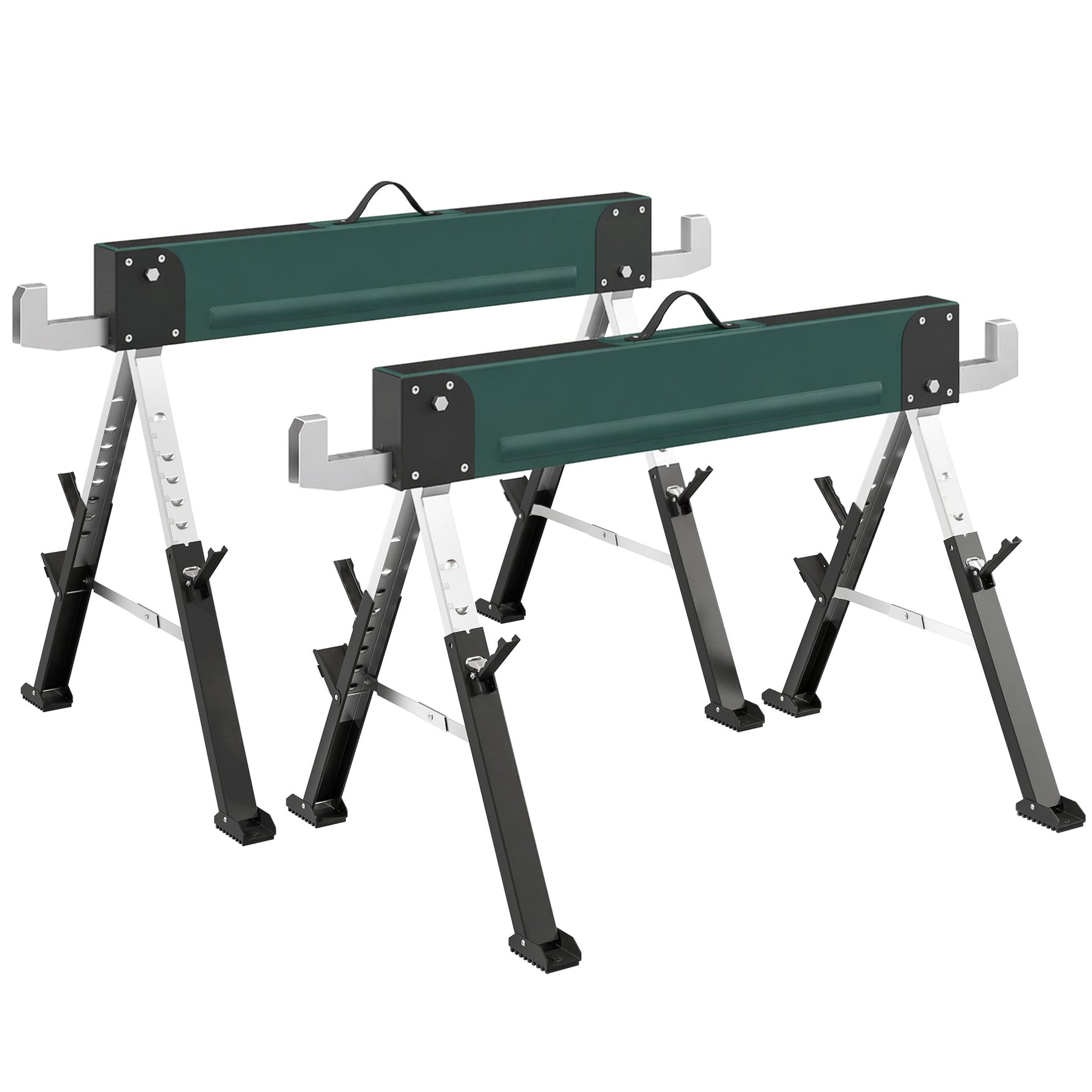 lot de 2 tréteaux pliables en métal, charge max 1160 kg, hauteur réglable 64-81cm, poignée de transport, vert