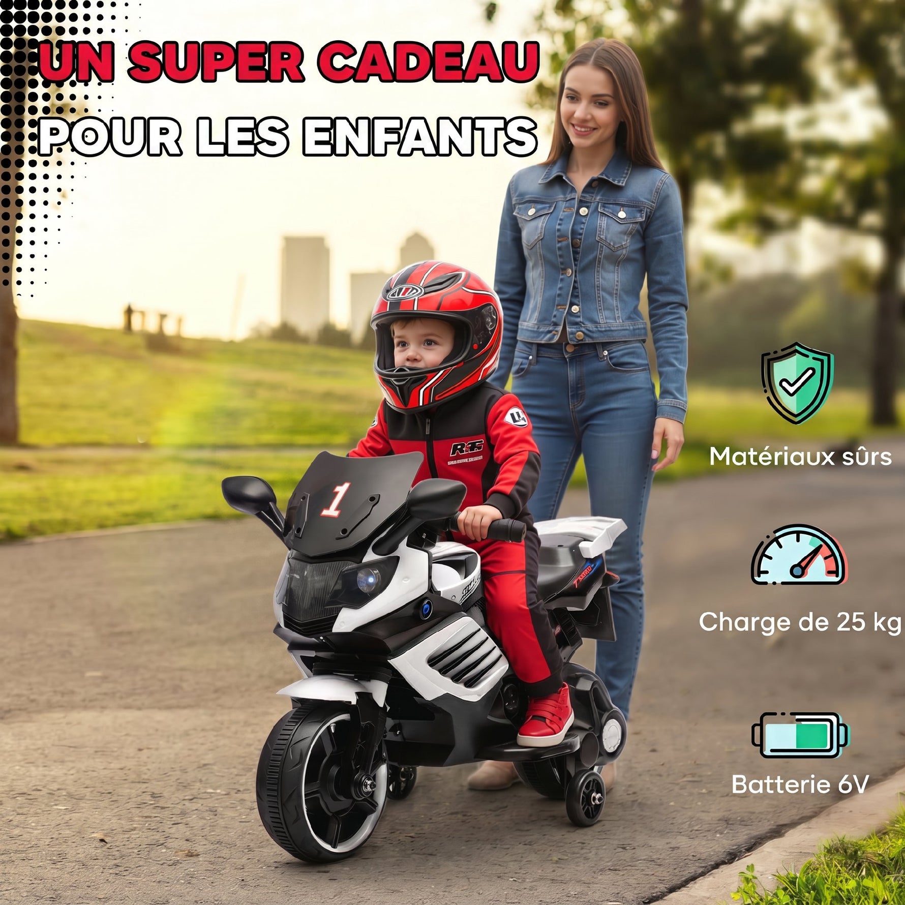 Moto électrique enfants 6 V, voiture électrique enfants avec roues d'entraînement, effets lumineux et sonores, blanc