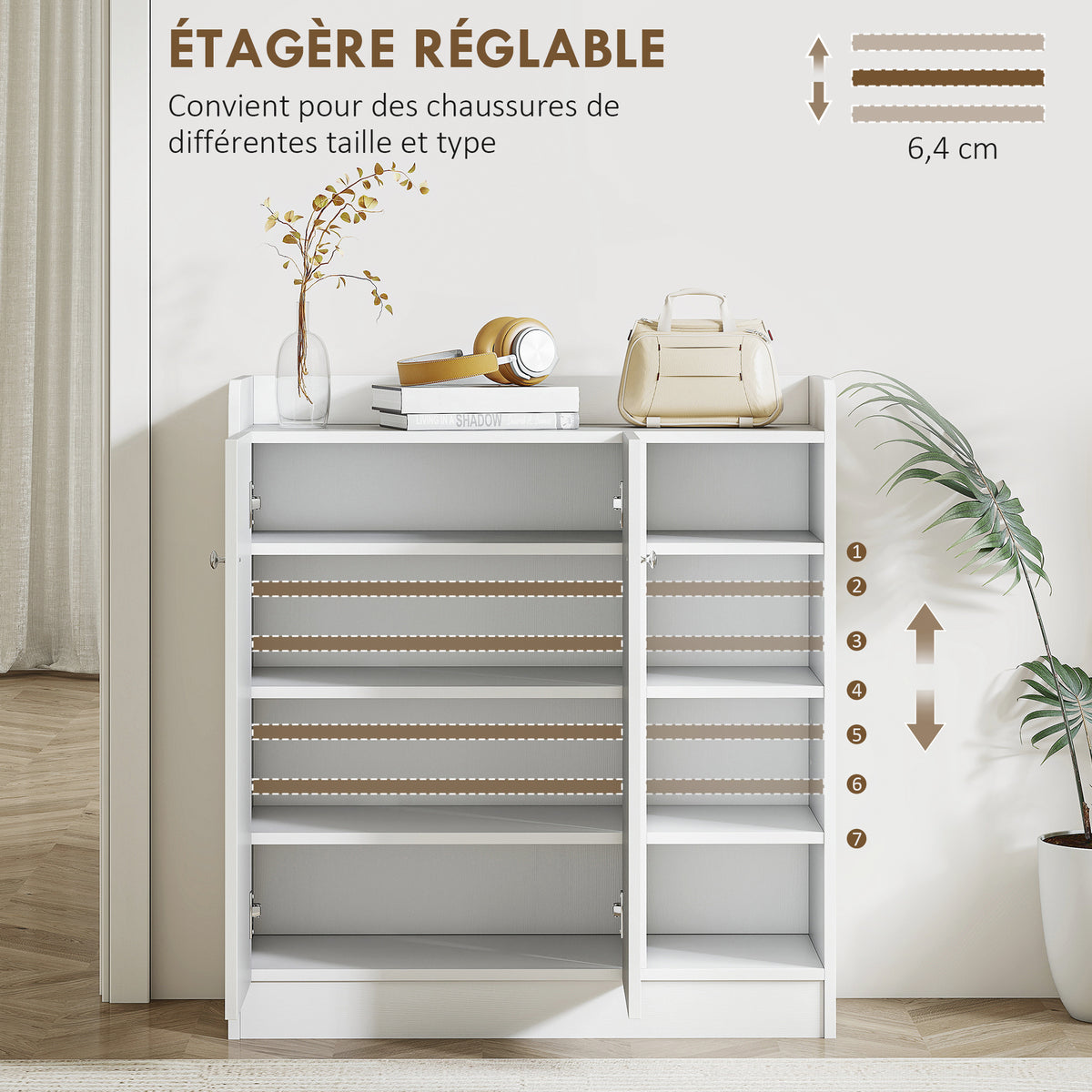 Meuble de rangement à chaussures pour entrée 12 paires - armoire à chaussures avec 4 compartiments ouverts et placard double porte - étagère réglable - 83L x 30l x 90H cm - blanc