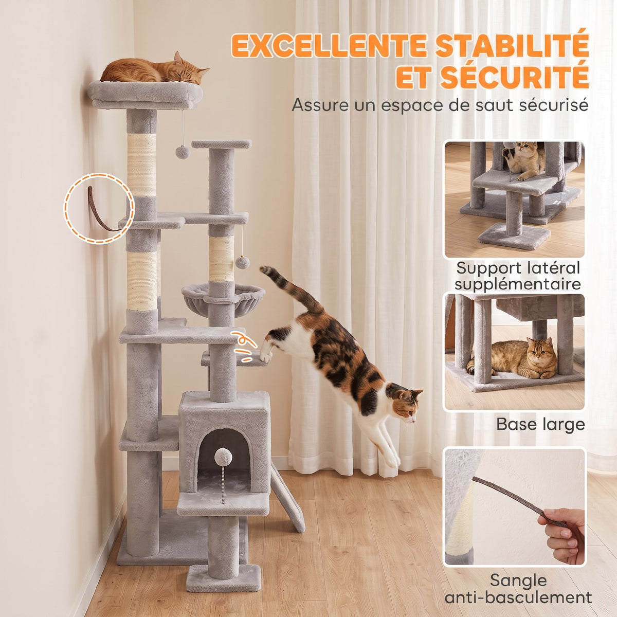 Arbre à Chat 5 niveaux 152cm, Niche, Hamac, Plateforme, Poteaux à Griffer, Balles Suspendues, Gris Clair