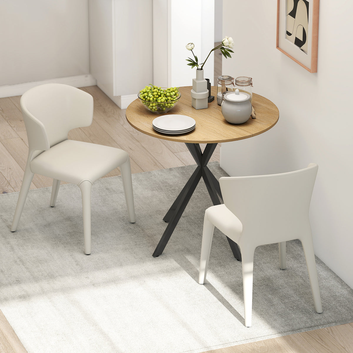 Mesa de comedor redonda para 2 personas con tablero efecto madera y base cruzada de acero, blanco roble