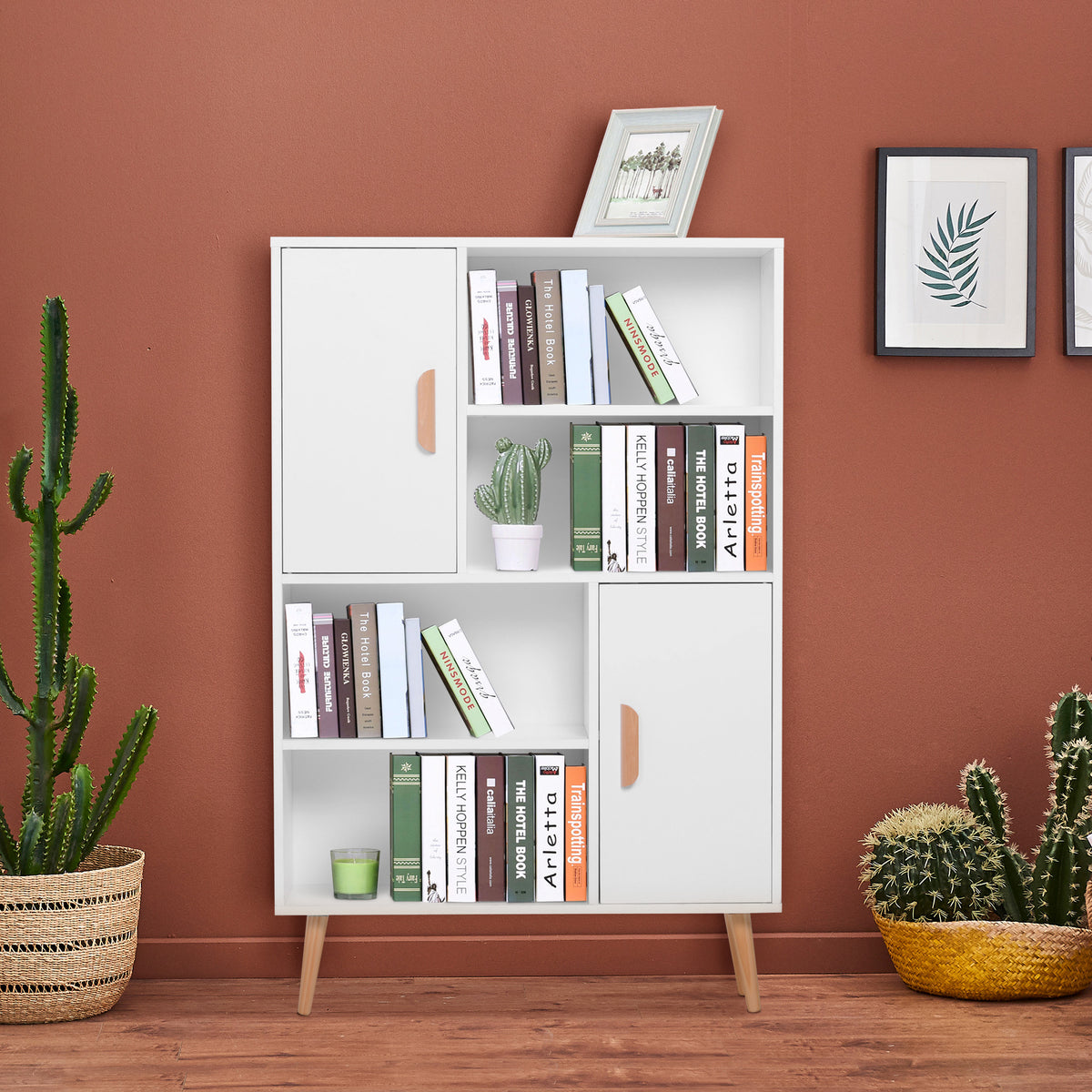 Bibliothèque scandinave 4 niches + 2 placards avec étagère dim. 80L x 24l x 123H cm Pieds effilés inclinés Bois Massif Panneaux Particules Blanc