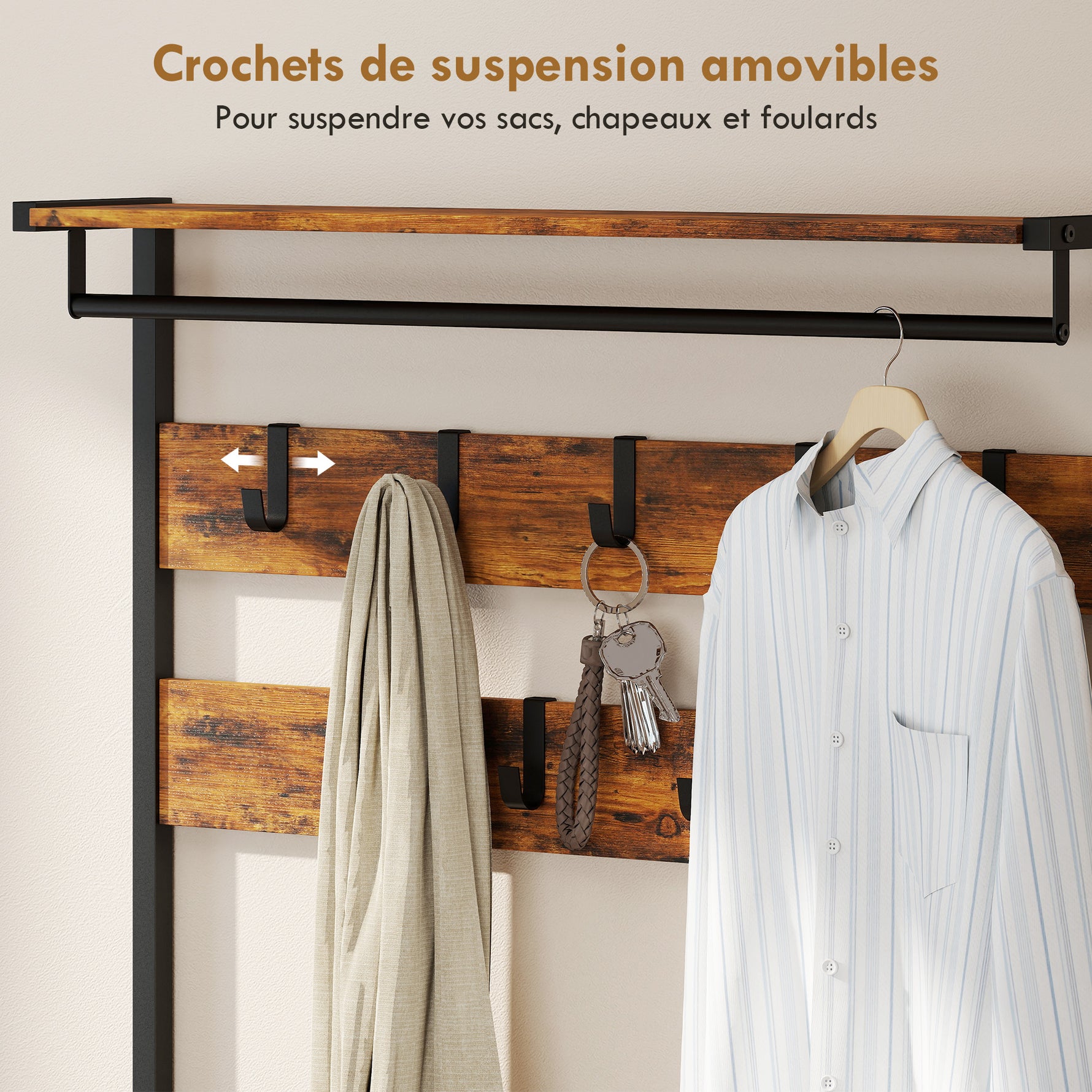 Porte-Manteau 5 en 1, Banc, Tringle, 10 Crochets Amovibles, 2 Tiroirs, Étagère à Chaussures, 80x30x181,5cm Brun Rustique