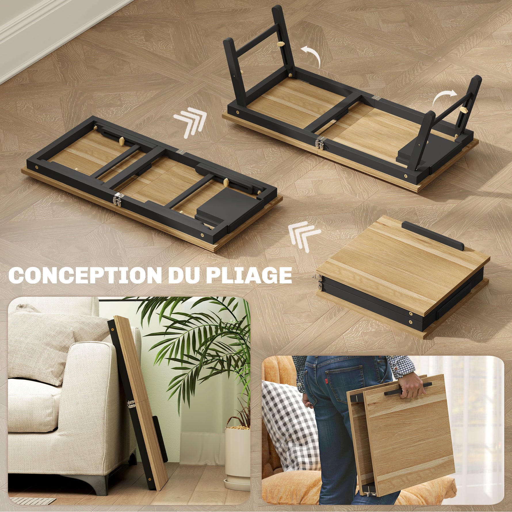 Table de lit pliable et réglable, plateau de lit pour ordinateur portable en bambou - plateau inclinable, tiroir, chêne