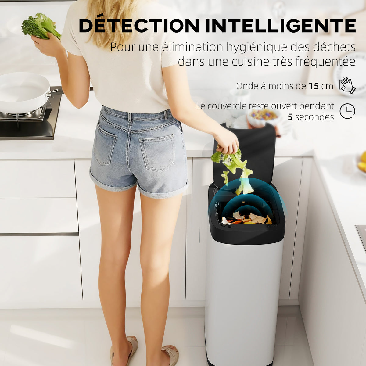 Pattumiera da cucina automatica 50L, pattumiera con sensore di movimento, a batterie, 26,5x35,5x68cm, crema