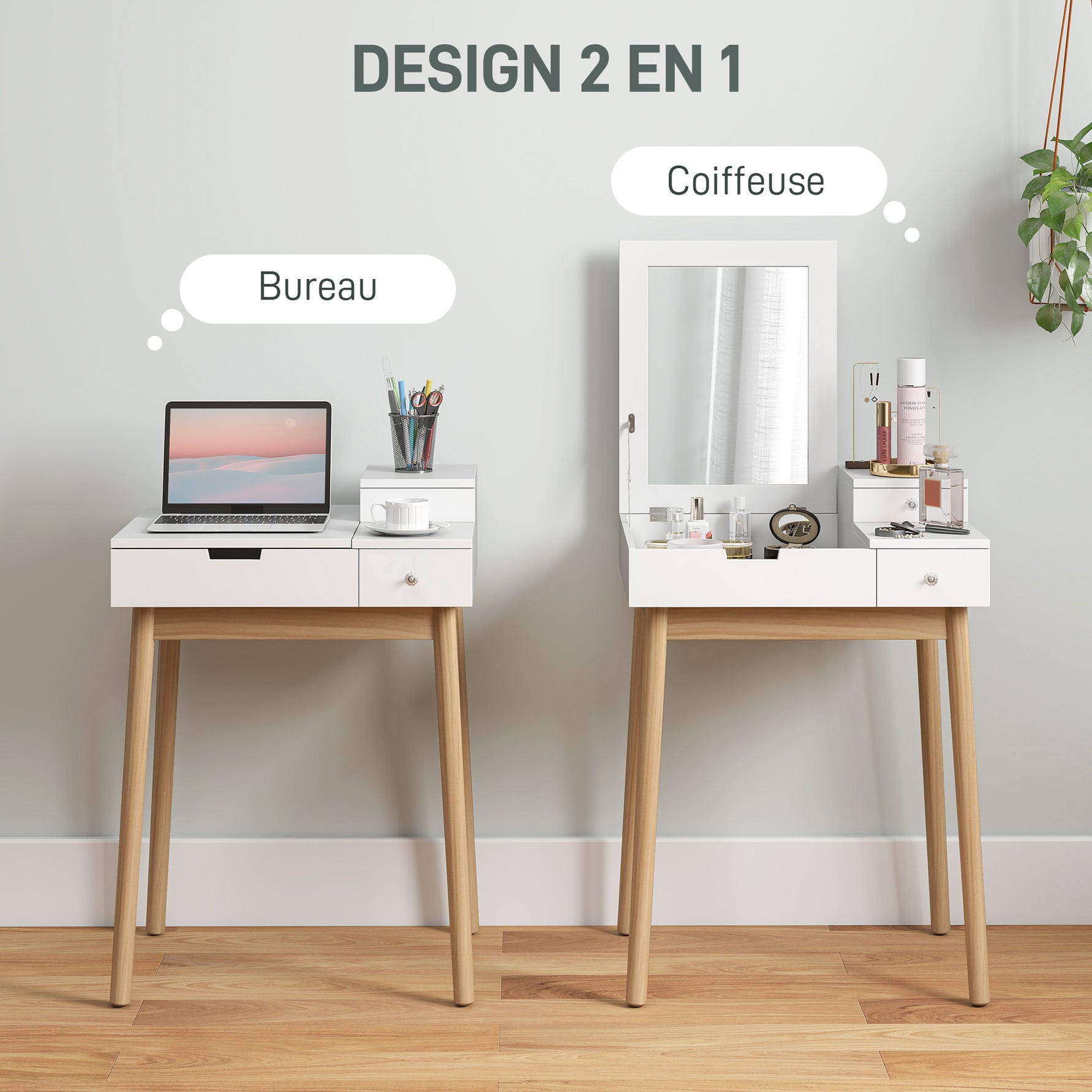 Coiffeuse avec miroir table de maquillage style moderne - 2 tiroirs, miroir rabattable pour chambre à coucher, salon, 60 x 50 x 85,5 cm blanc