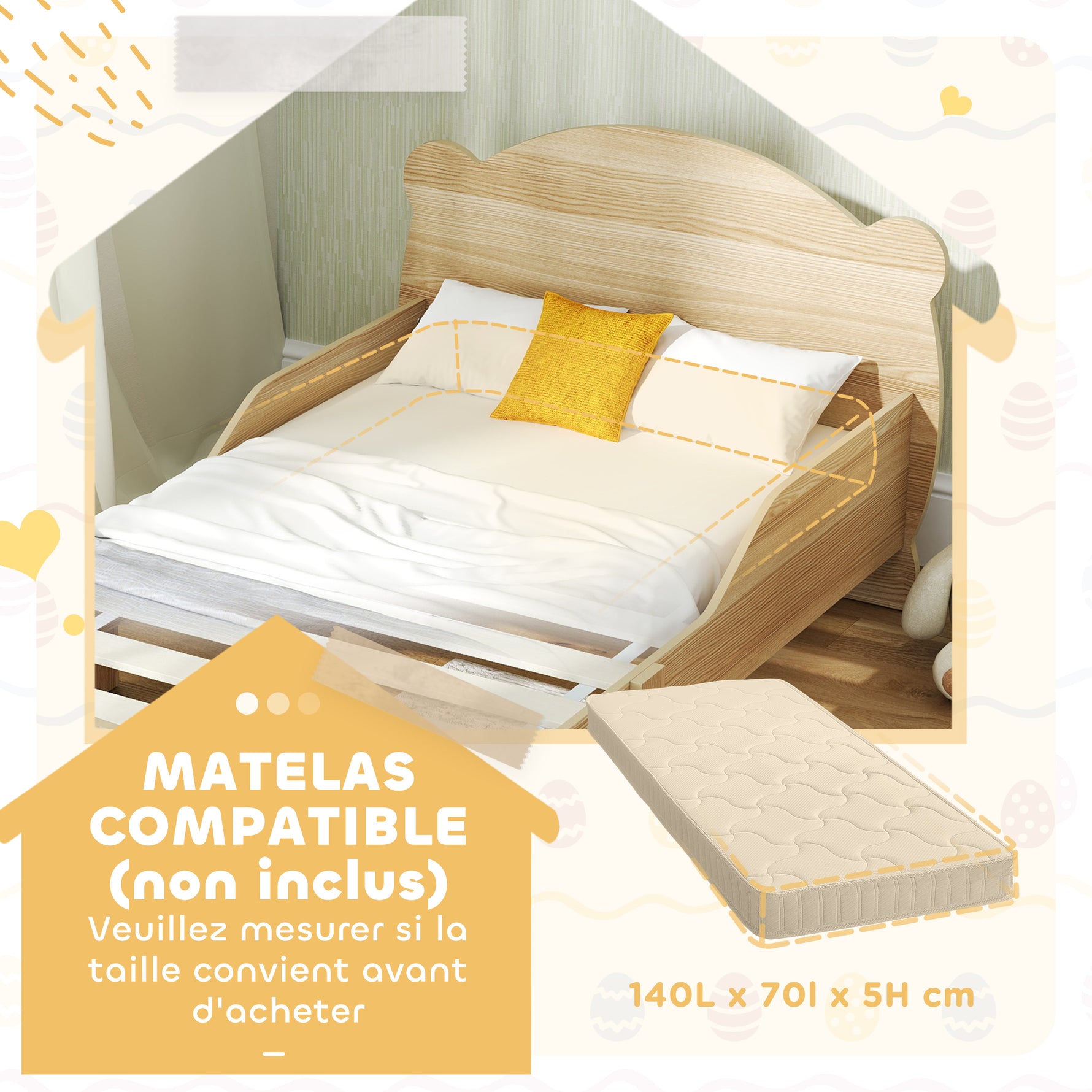 Lit enfant 70x140 cm avec barrières de sécurité thème d'ours pour garçons, filles, âgés de 3 à 6 ans, bois naturel