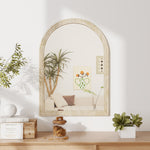 Miroir mural arqué, miroir moderne avec bord rainuré et crochets, verre trempé et polystyrène, 50 x 70 cm, beige