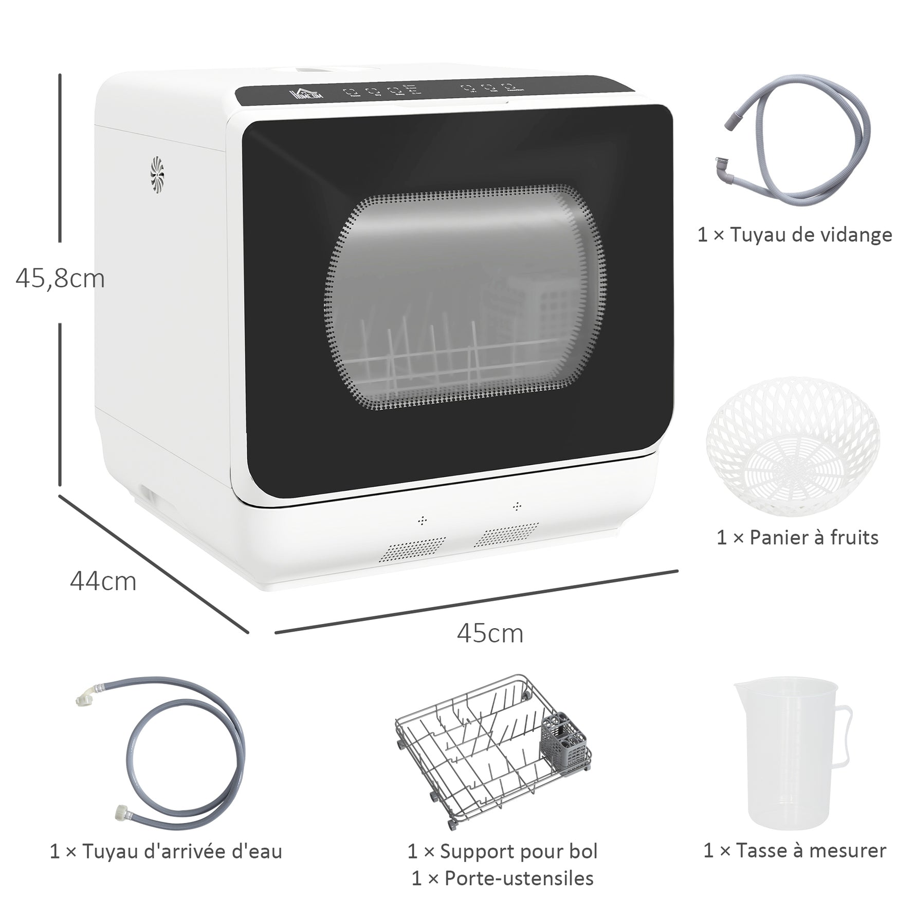 Mini lave-vaisselle 4 couverts 5 programmes réservoir d'eau 6L commande tactile affichage LED 45 x 44 x 45,8 cm blanc