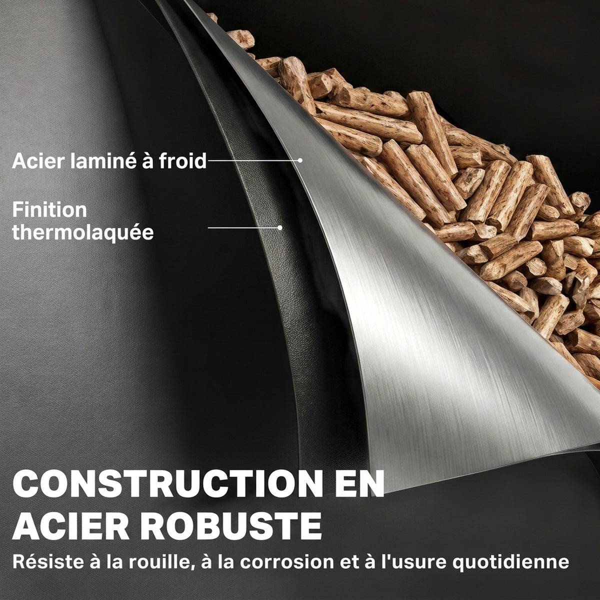 Réservoir à Pellets Granulés en Acier 30 kg, Roulettes, Fenêtre de Niveau, Tamis avec Poignée, 36,5x36,5x61,5cm, Noir