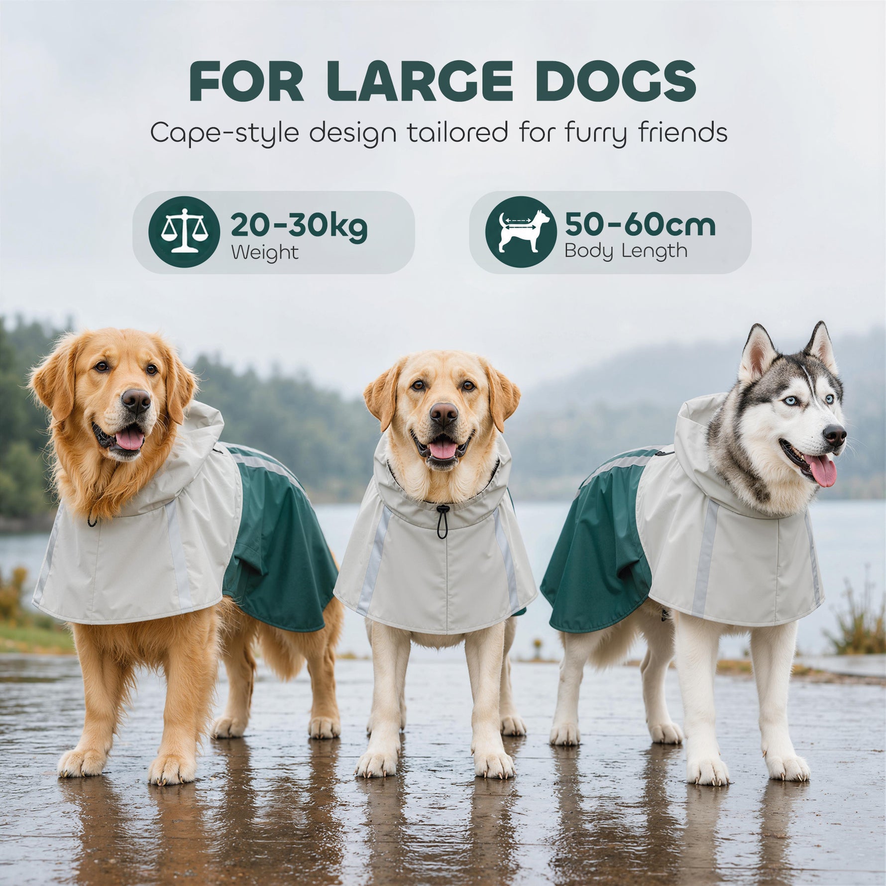 Imperméable pour Chien avec Capuche, Bandes Réfléchissantes, Ouverture pour Laisse, 110x72x0,5cm, Vert