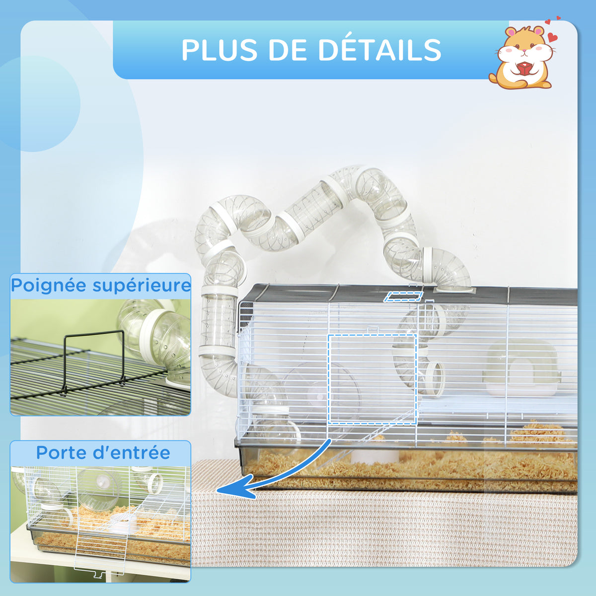 Cage hamster cage rongeur avec tunnel et accessoires inclus fil d'acier 58 x 32 x 31 cm gris