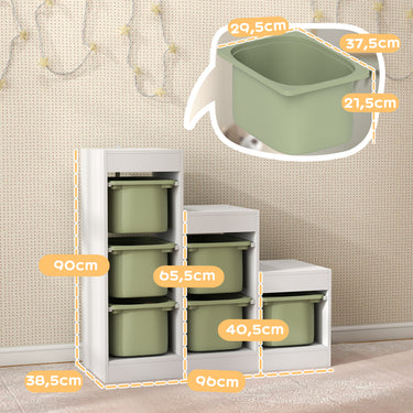 Meuble de rangement pour jouets des enfants avec 6 bacs amovibles, 3 niveaux de rangement, 96 x 38,5 x 90, vert