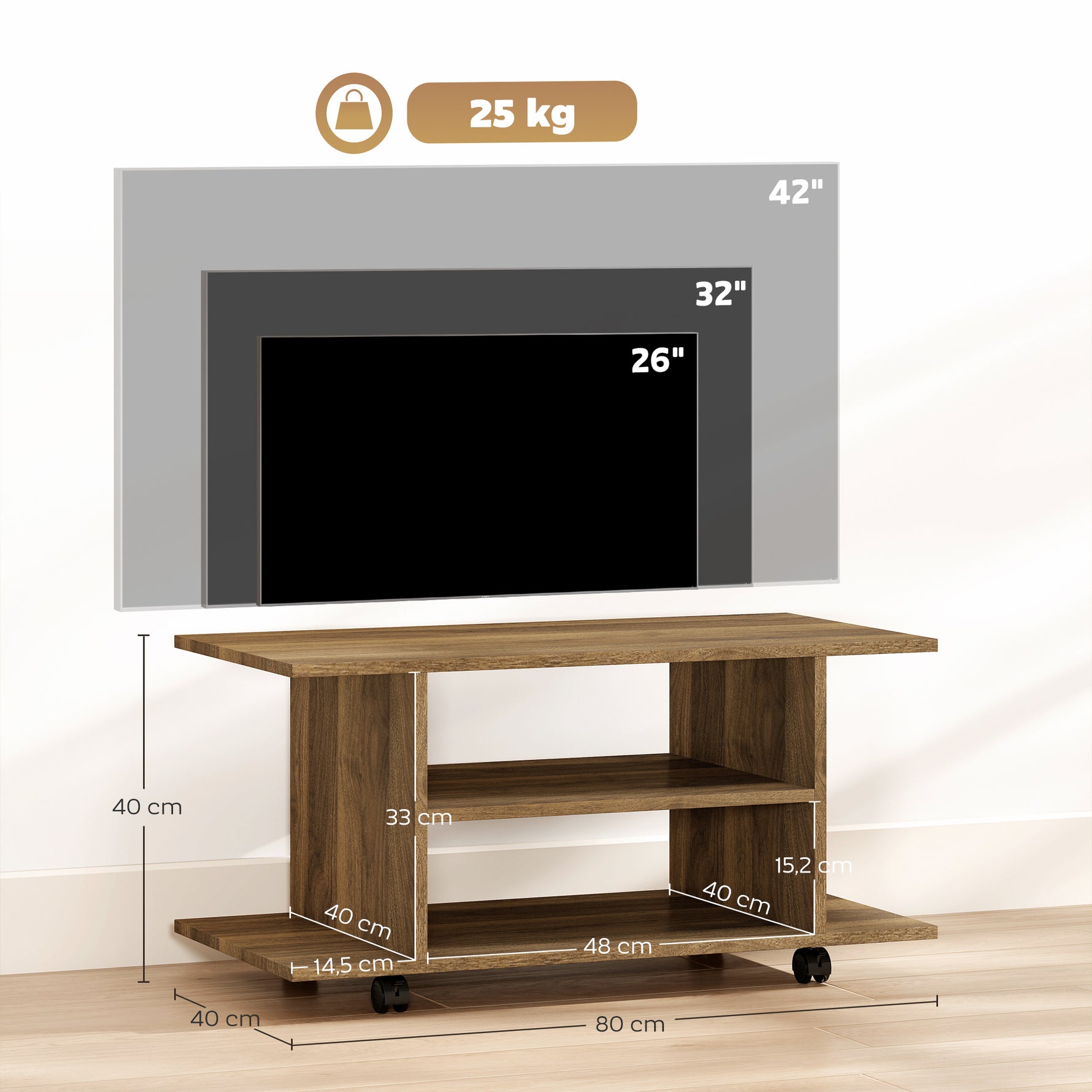 Meuble TV avec roulettes 80 cm, meuble télé pour téléviseur jusqu'à 42 pouces avec étagères ouvertes, noyer