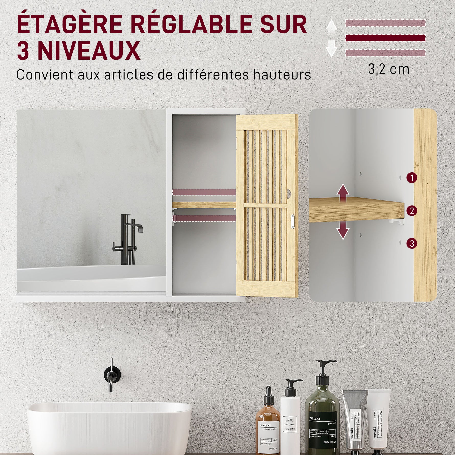 Armoire de salle de bain avec miroir, étagère, porte à lattes en bambou et étagère réglable, blanc