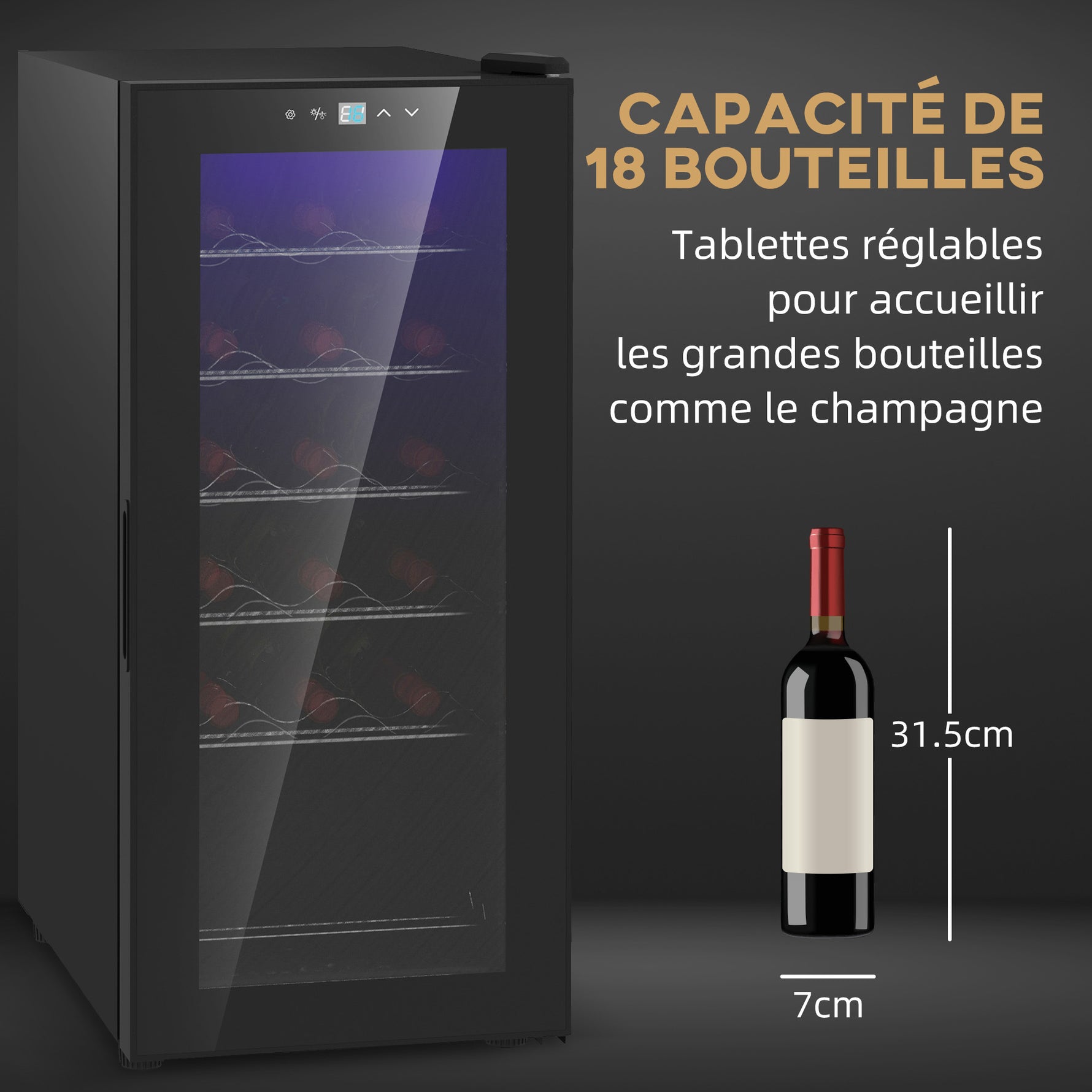 Cave à vin 18 bouteilles 50L haute performance température réglable 5-18° avec lumière LED, noir