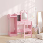 Coiffeuse pour Enfants avec Tabouret et Miroir Lumineux à 2 Couleurs en Acrylique, Coiffeuse Bureau Fille 3-8 Ans, Rose