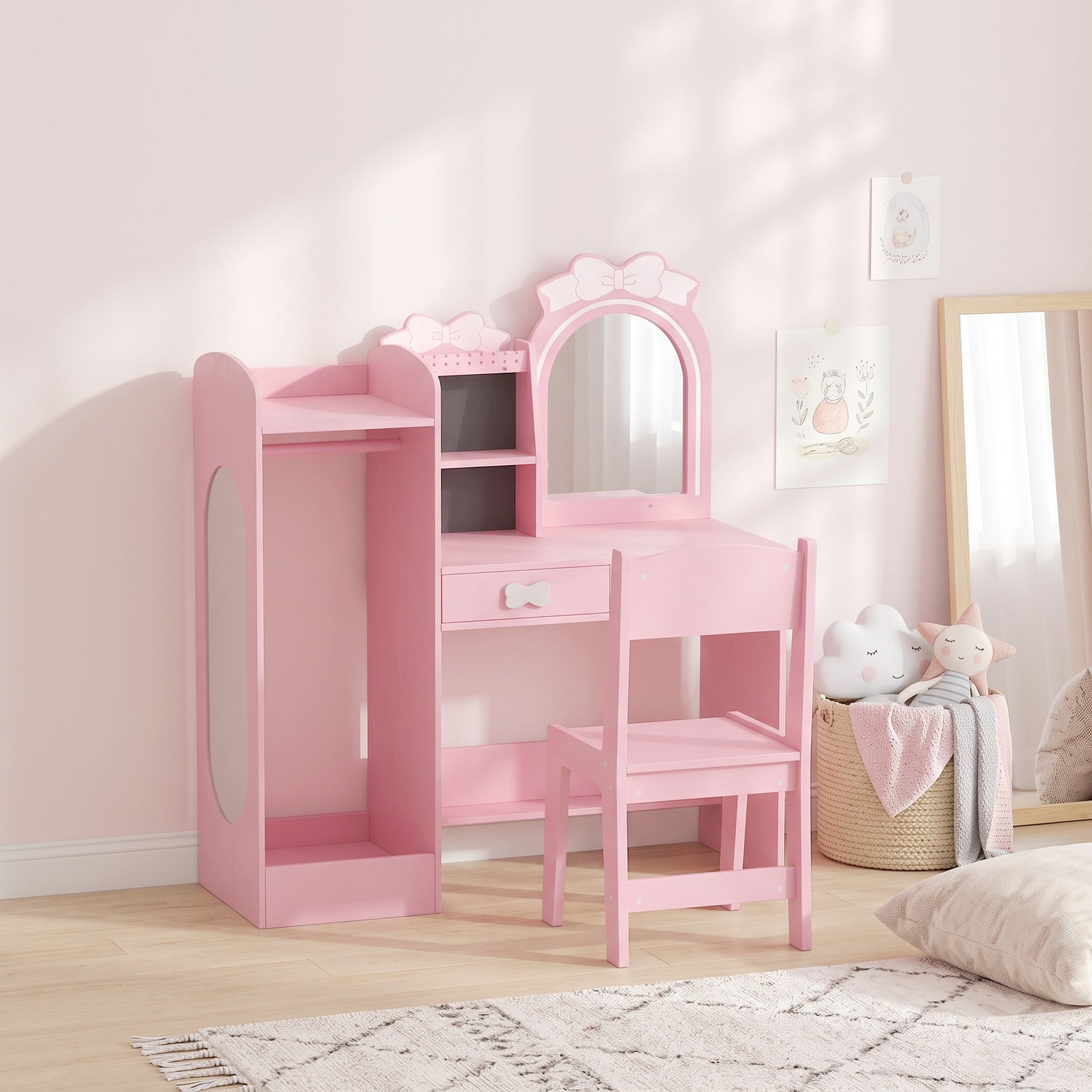 Coiffeuse pour Enfants avec Tabouret et Miroir Lumineux à 2 Couleurs en Acrylique, Coiffeuse Bureau Fille 3-8 Ans, Rose
