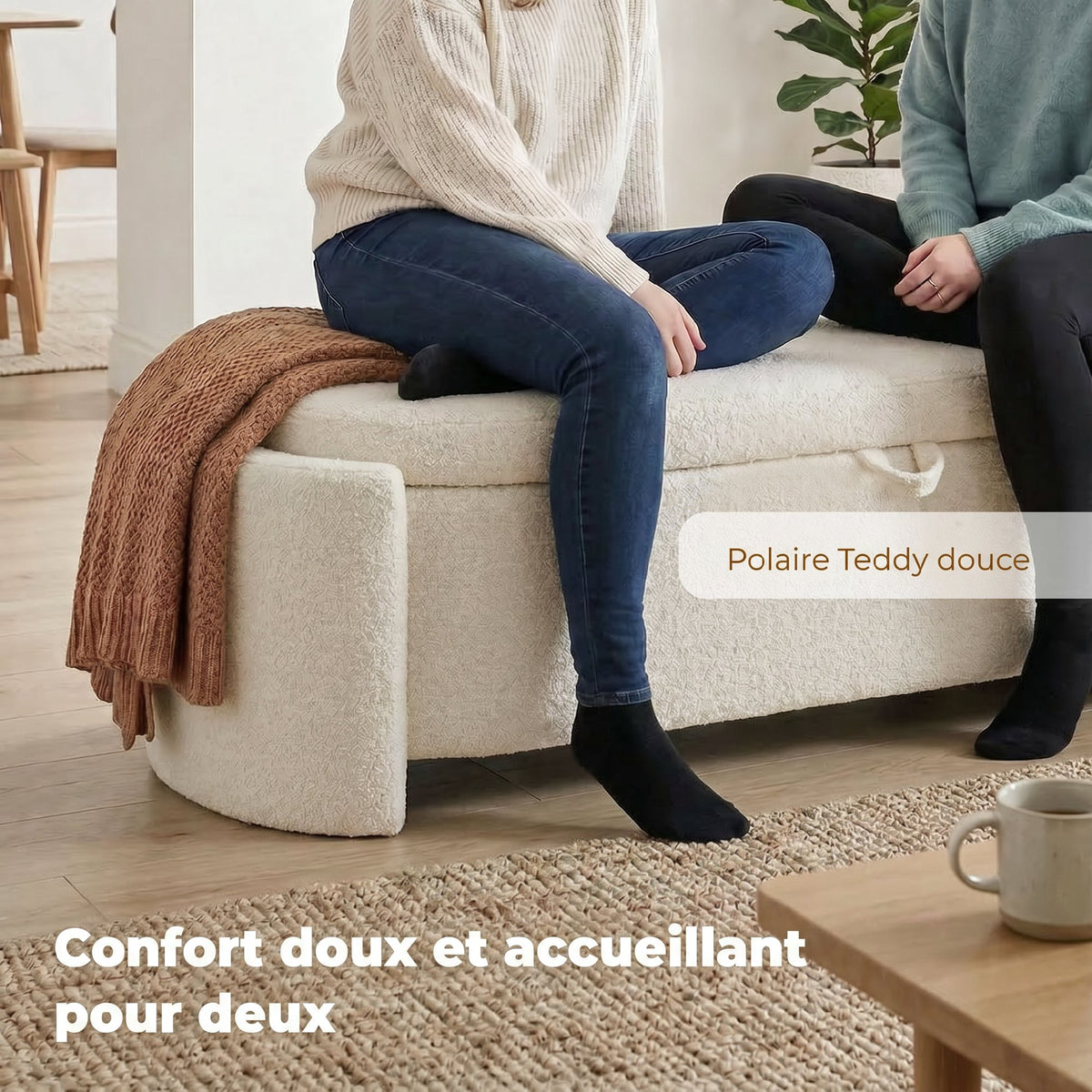 Banc de rangement, bout de lit ovale en polaire Teddy avec assise large, 129 x 48,5 x 44 cm, crème
