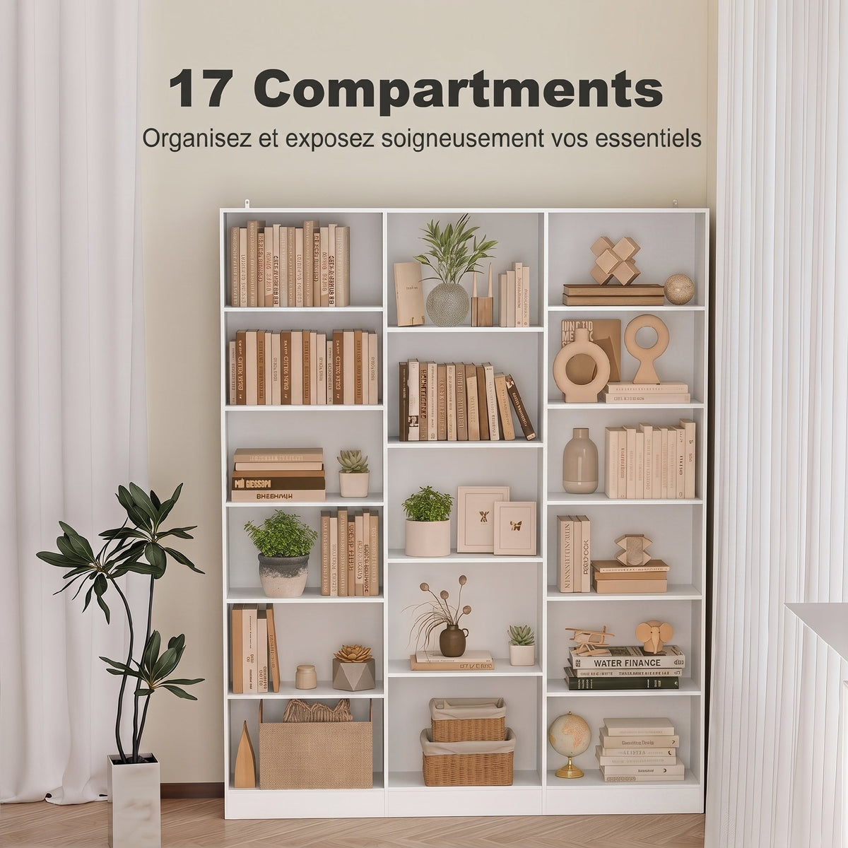 Bibliothèque 6 Niveaux, Étagère de Rangement avec 17 Compartiments et Étagères Réglables, 149 x 23,6 x 188 cm, Blanc