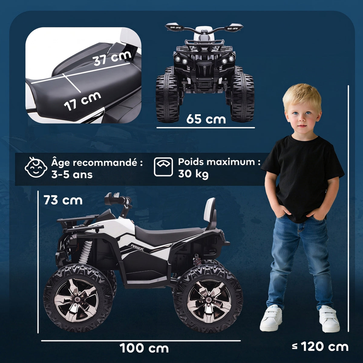 Elektrisches Kinder-Quad Buggy 12 V, max. 8 km/h. Elektroauto für Kinder mit Licht- und Soundeffekten, Metall, PP, Weiß Schwarz