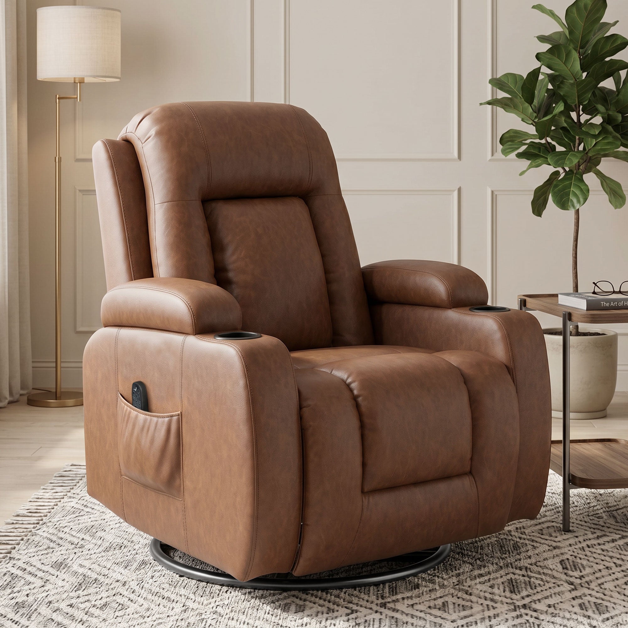 Massagestoel met kantelfunctie en verwarming, relaxfauteuil, verstelbare rugleuning, draaibaar, 82x99x103cm, bruin