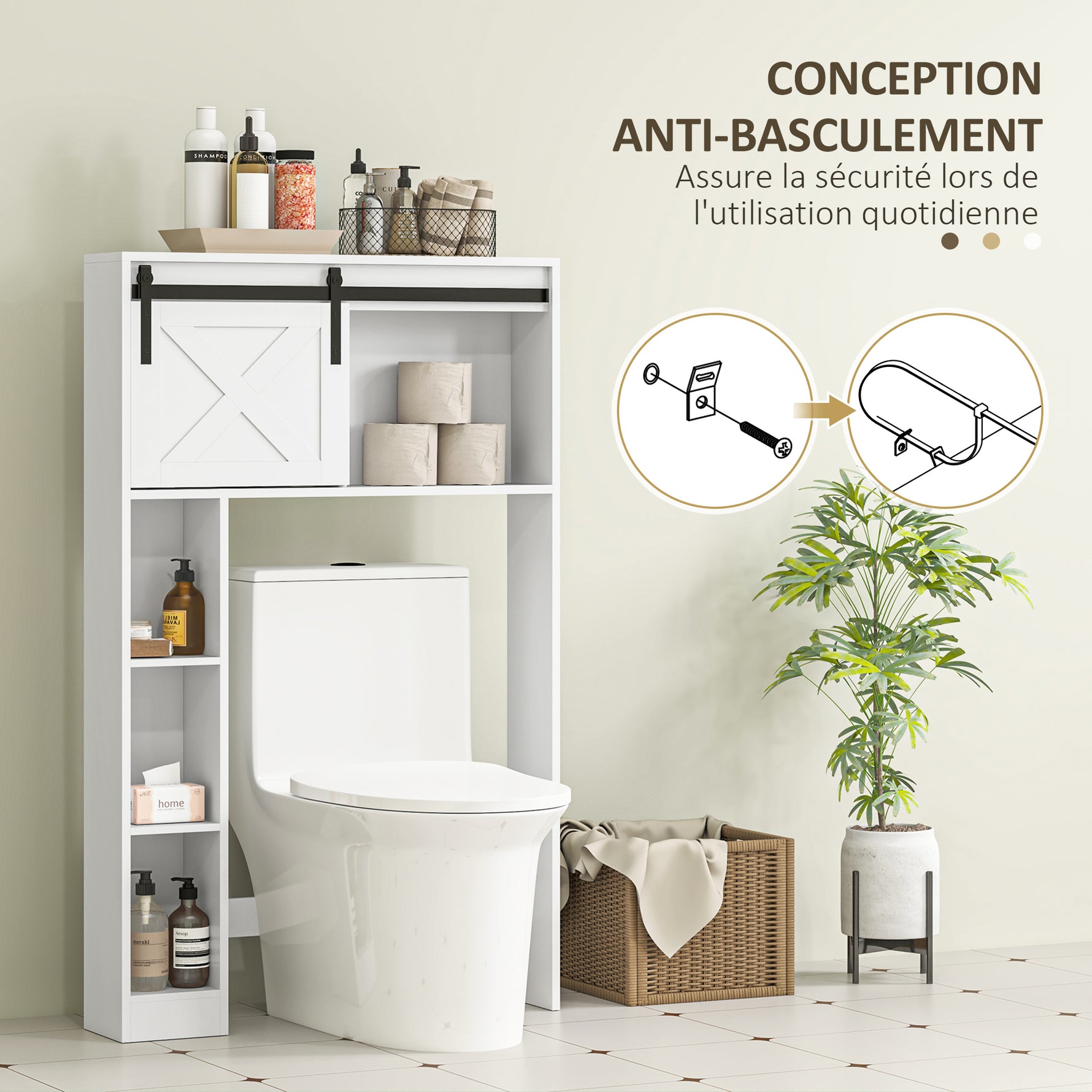 Meuble de rangement au-dessus des toilettes avec porte coulissante, Meuble étagère dessus WC, étagère réglable, blanc