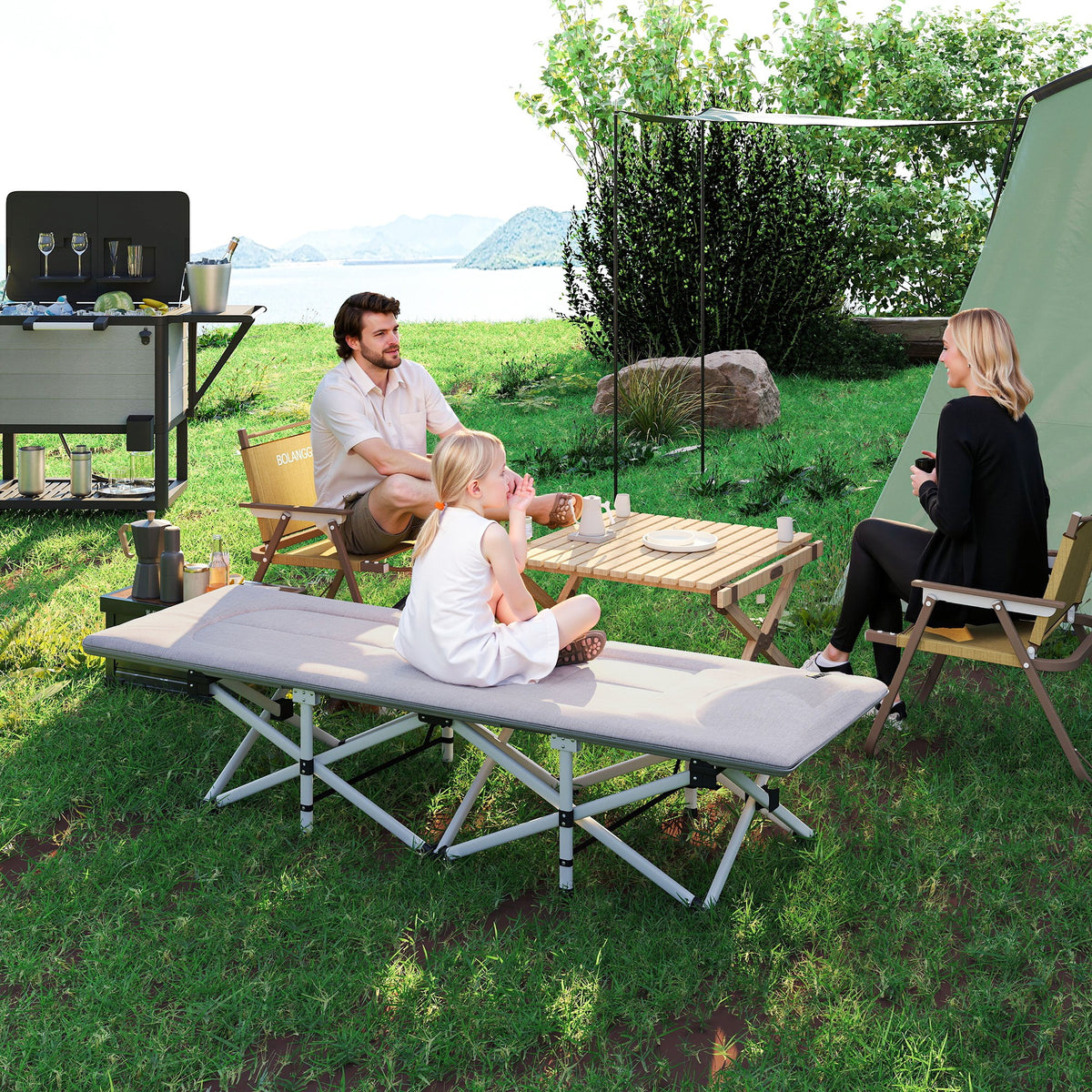 Cama de camping plegable con colchón, tumbona, silla reclinable y bolsa de almacenamiento integrada, dim. 185L x 65l x 37H cm, gris