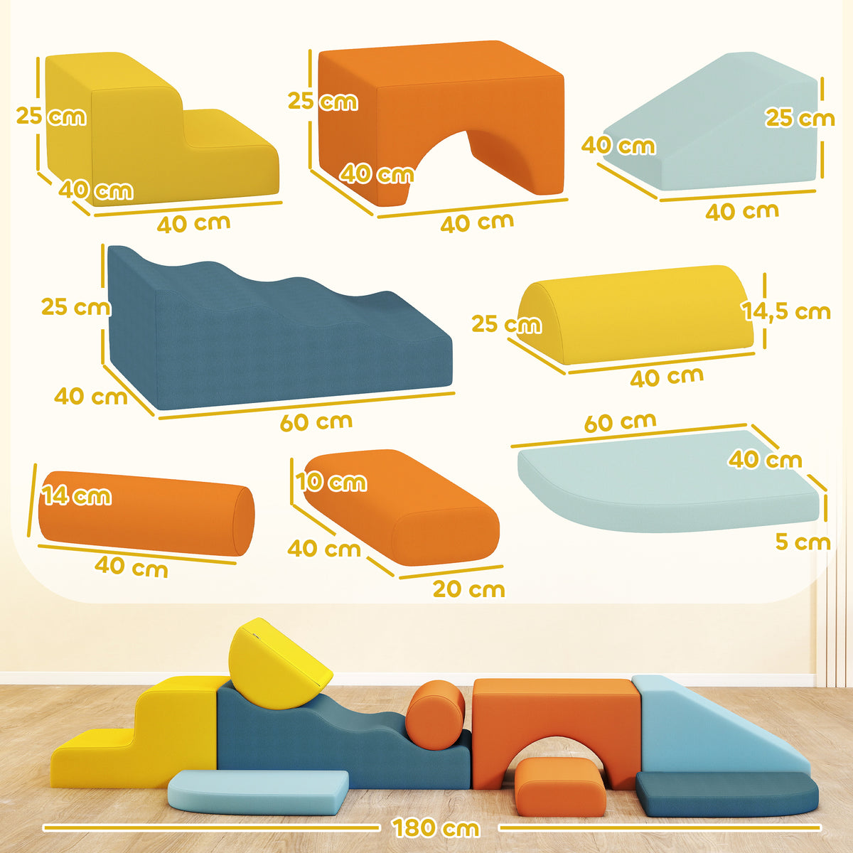 Parcours motricité bébé 9PCS, module motricité bébé en mousse avec housse amovible en revêtement velours, multicolore