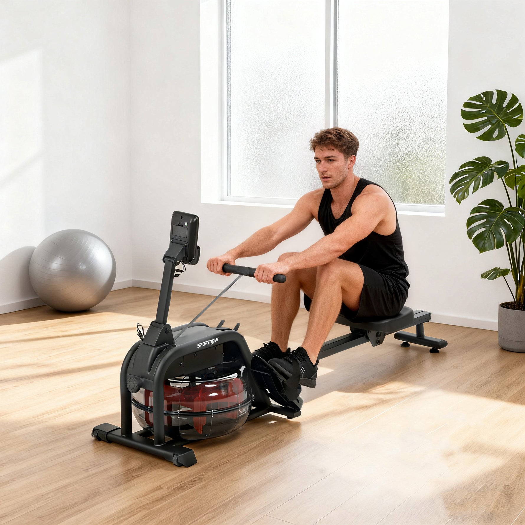Rameur à eau, rameur musculation d'appartement réservoir ajustable 6-11L écran LCD support de tablette 170x46x77cm noir