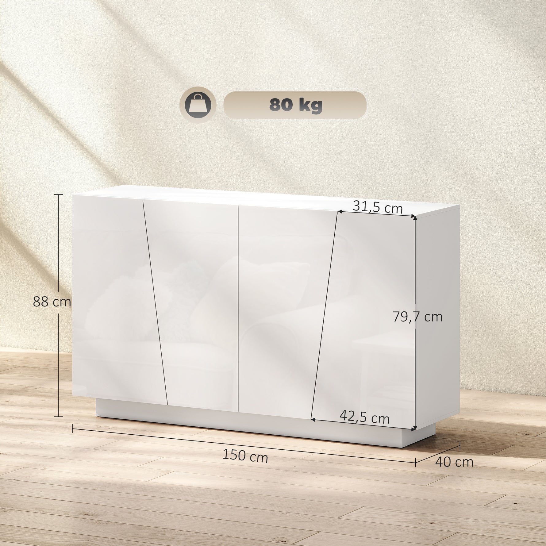 Meuble de rangement avec placards à portes et étagère réglable, 150 x 40 x 88 cm, blanc brillant