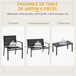Salon de jardin extérieur 4 pièces avec canapé 2 places, 2 chaises et table basse en verre trempé, coussins inclus, noir