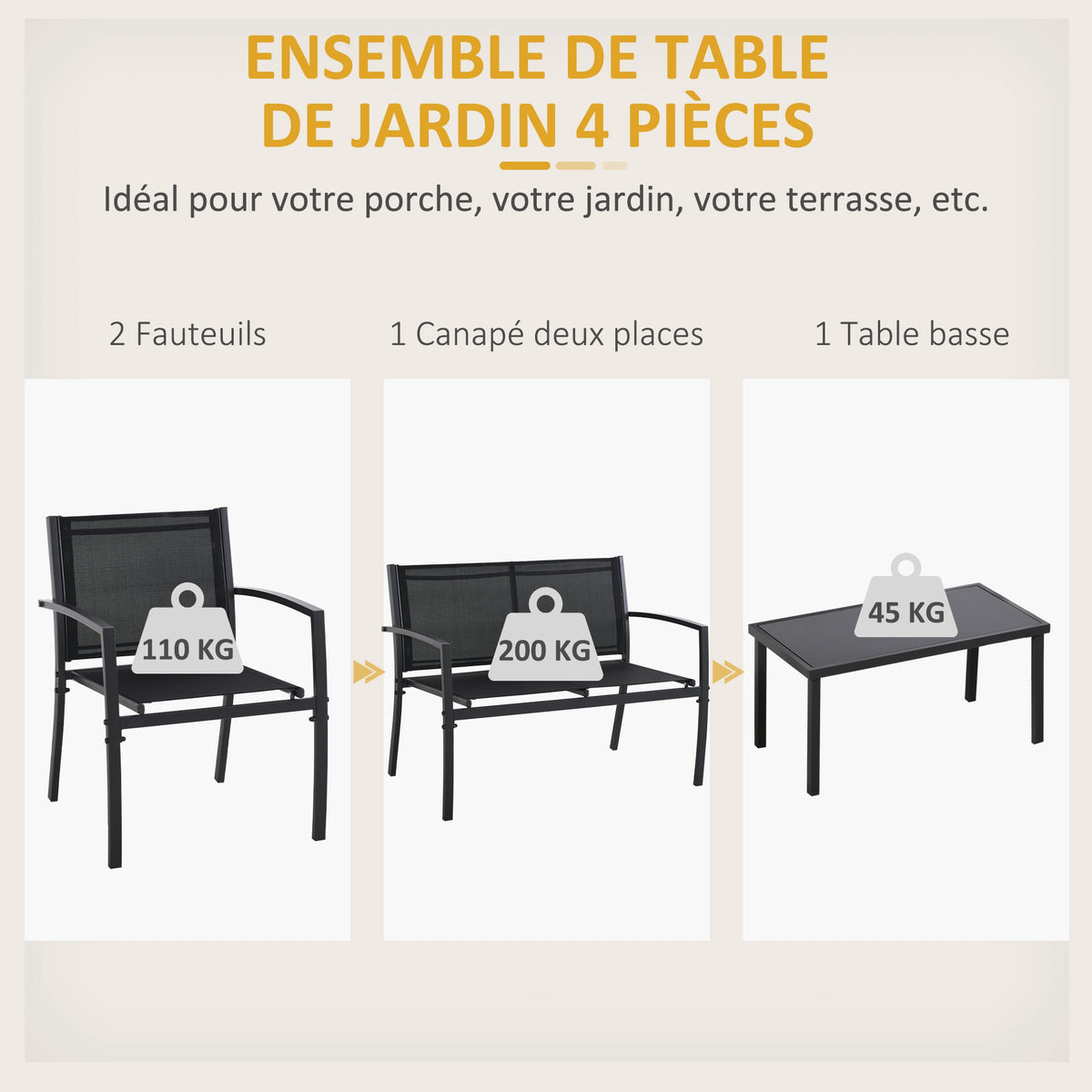 Salon de jardin extérieur 4 pièces avec canapé 2 places, 2 chaises et table basse en verre trempé, coussins inclus, noir