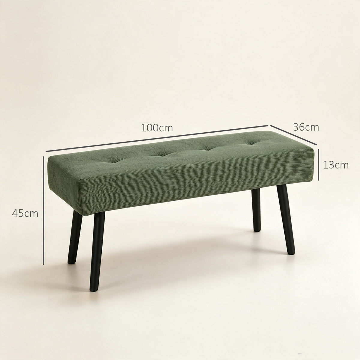 Banco banqueta a pie de cama tapizado en pana con patas de acero negro, carga de 220 kg, 100 x 36 x 45 cm, verde