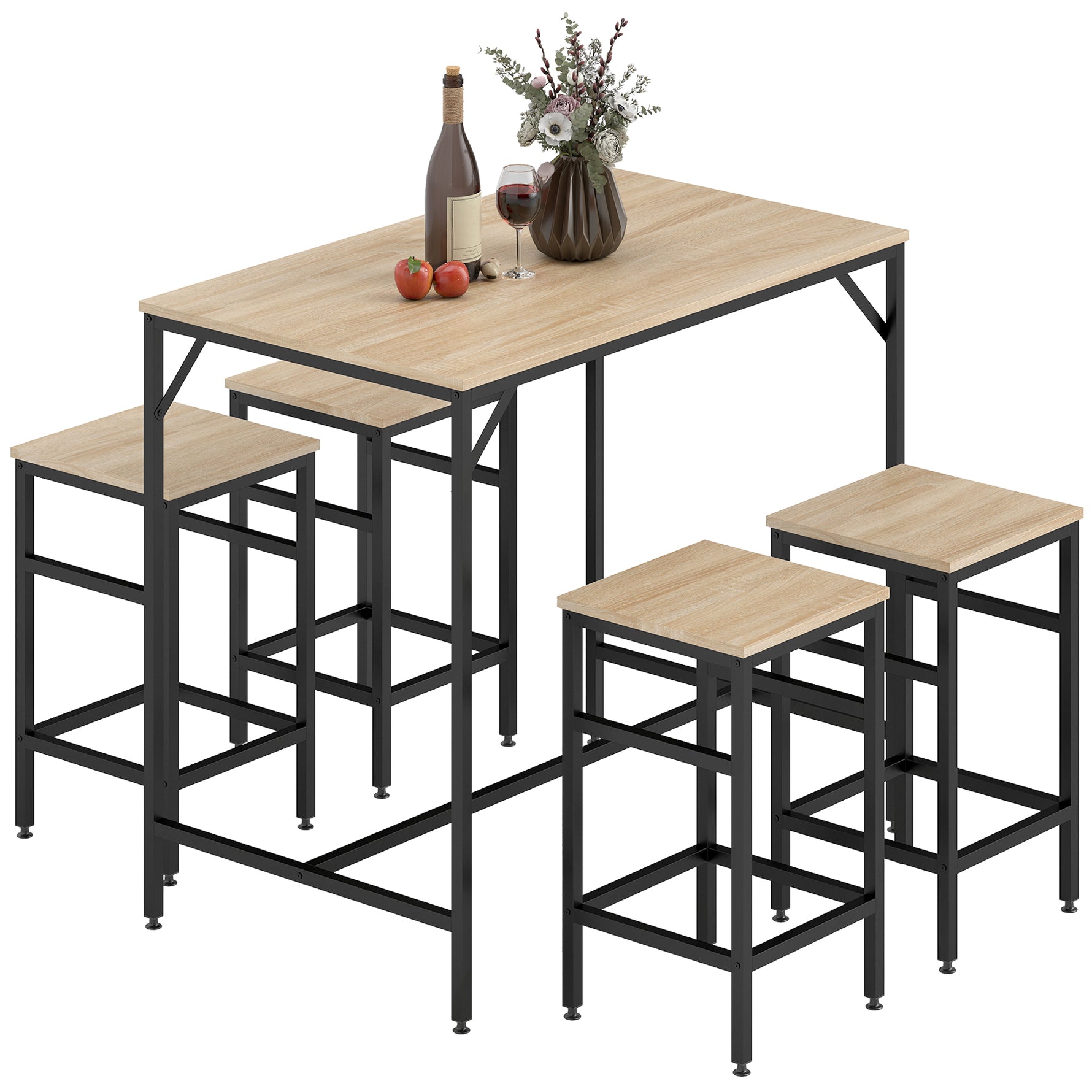 Ensemble Table de Bar Industriel + 4 tabourets Repose-Pieds en Bois couleur Chêne Clair Cadre en métal Noir