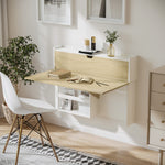 Bureau pliable mural avec étagères de rangement et placard, bureau rabattable, 100 x 18 x 74 cm effet bois naturel