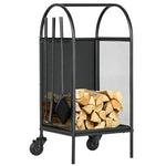 Range-bûches porte bûches sur roulettes avec accessoires pelle balai et tisonnier 37,5 x 37,5 x 80 cm noir