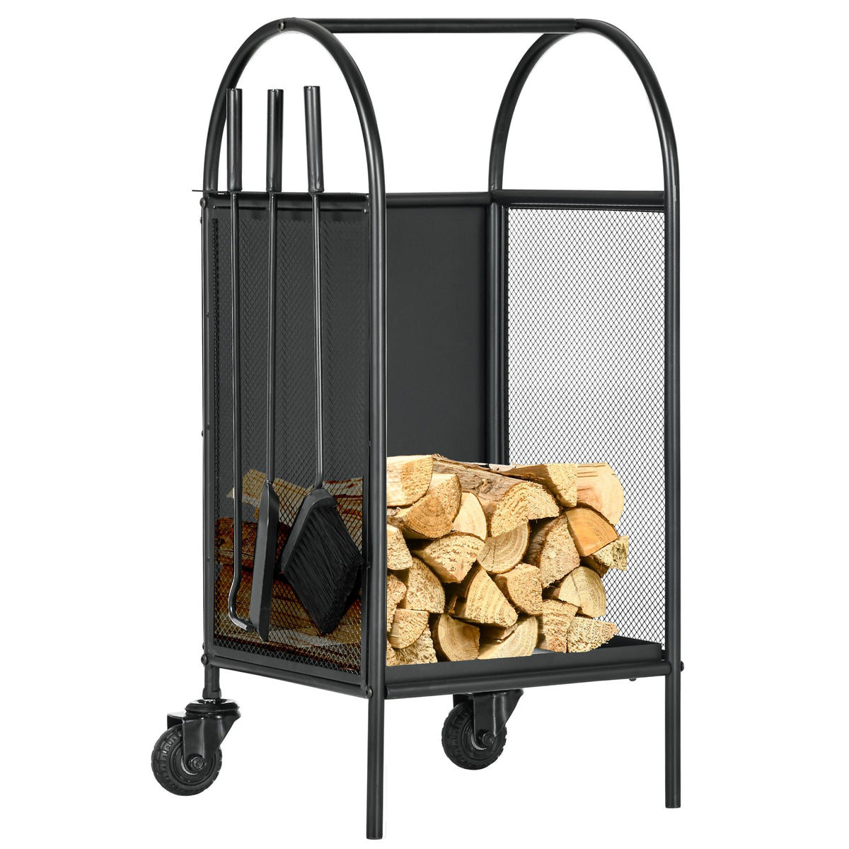 Range-bûches porte bûches sur roulettes avec accessoires pelle balai et tisonnier 37,5 x 37,5 x 80 cm noir