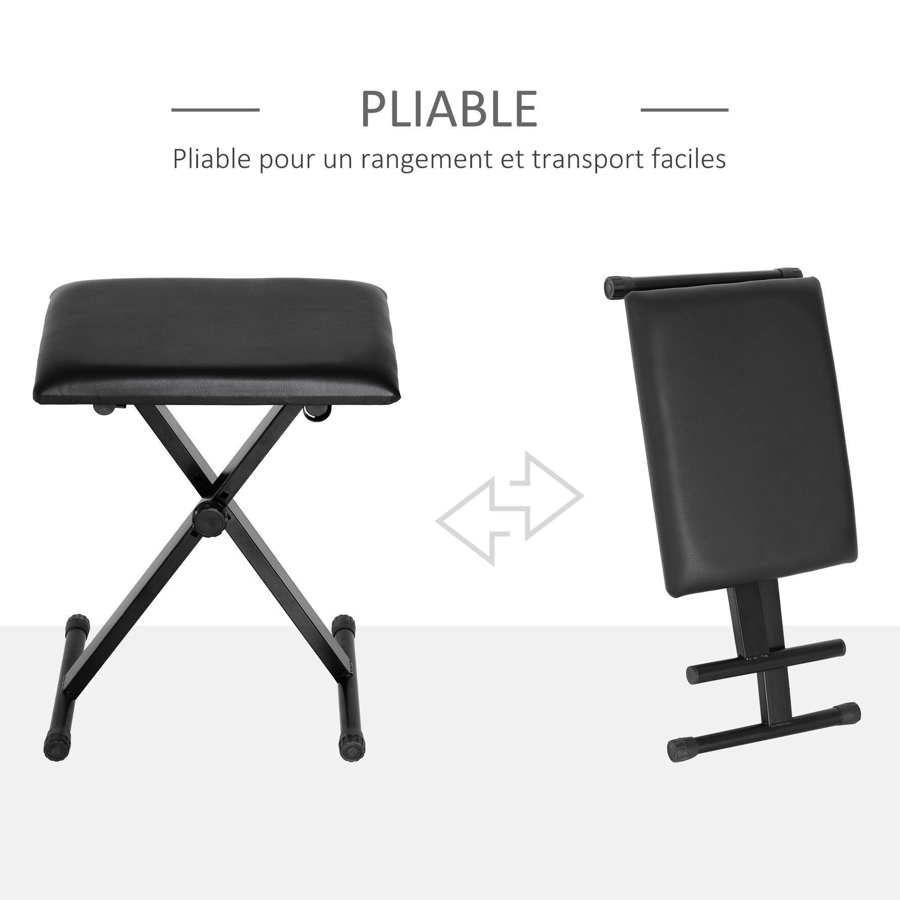 Tabouret piano pliable, banc piano réglable en hauteur de 37 à 47 cm, siège rembourré en PU et pieds en métal antidérapants, charge 100 kg, noir