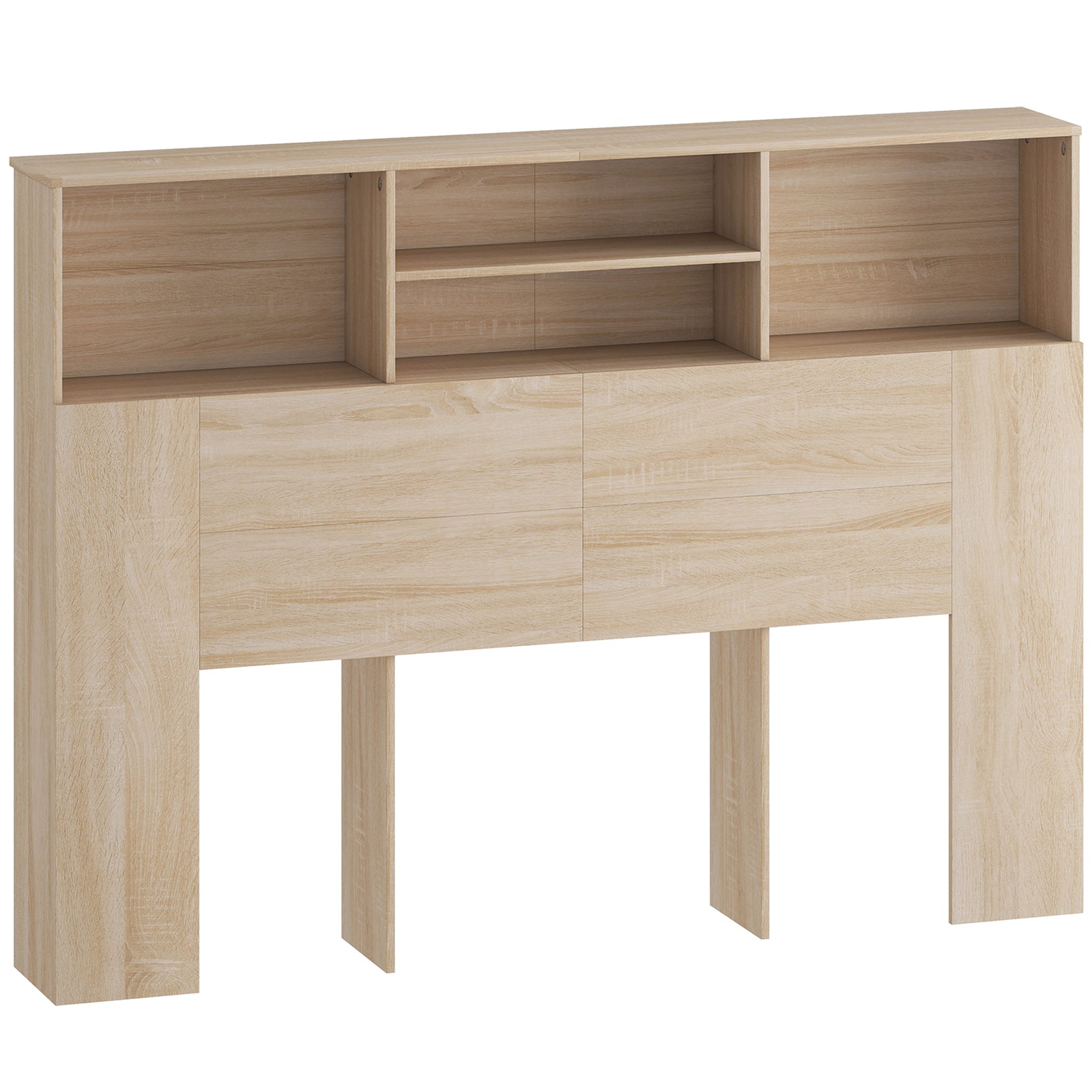 Tête de lit sur pied avec rangements, accessoire de lit 4 compartiments ouverts, 140 x 19 x 103,5 cm, effet bois naturel