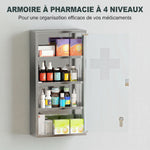 Armoire à Pharmacie 3 étagères 4 Niveaux 30L x 12l x 60H cm Porte Verre trempé Symbole Croix Acier Inoxydable brossé