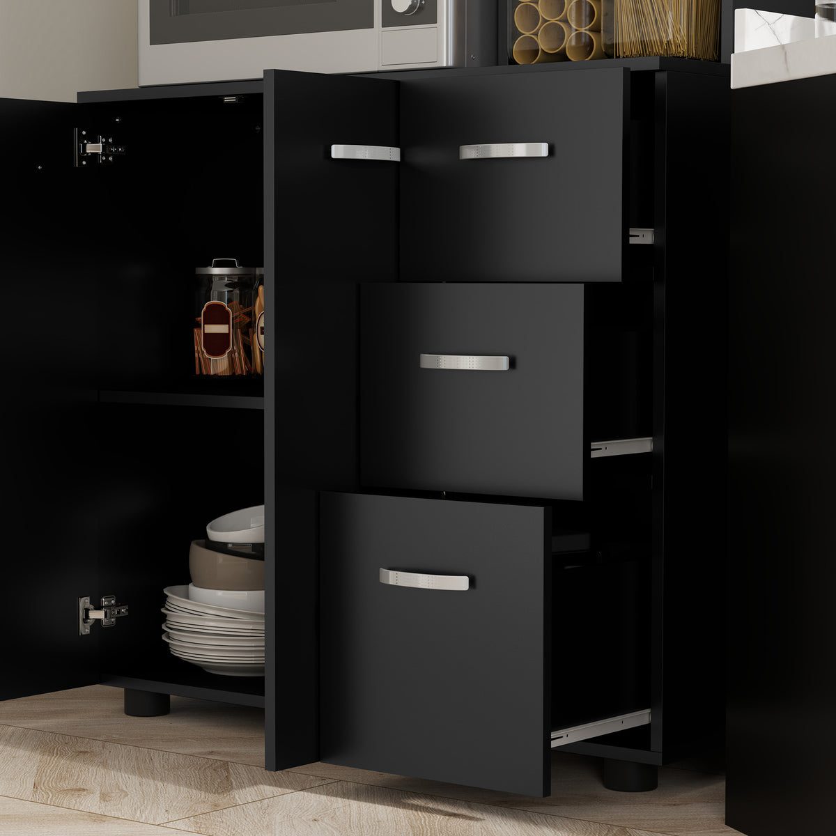 Mobile da cucina multi-ripiano, 4 ante, 3 cassetti, mensola + ampio piano d'appoggio, 89L x 39,5P x 168A cm, nero