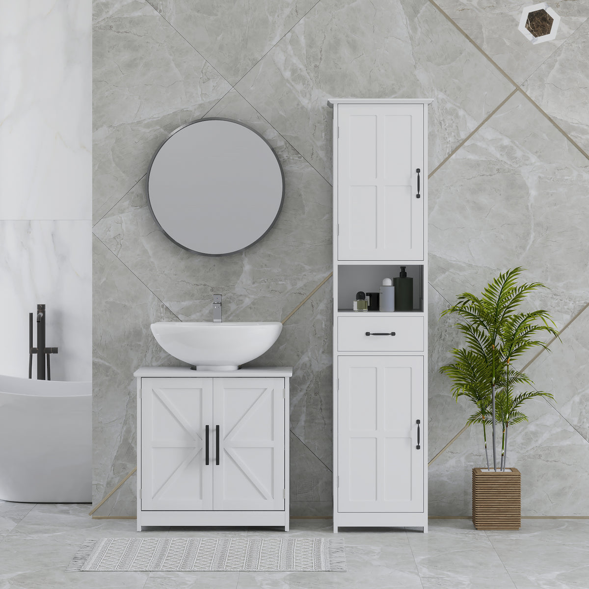 Meuble sous lavabo, meuble de salle de bain avec 2 portes magnétiques style grange et étagères, 60 x 30 x 60 cm, blanc