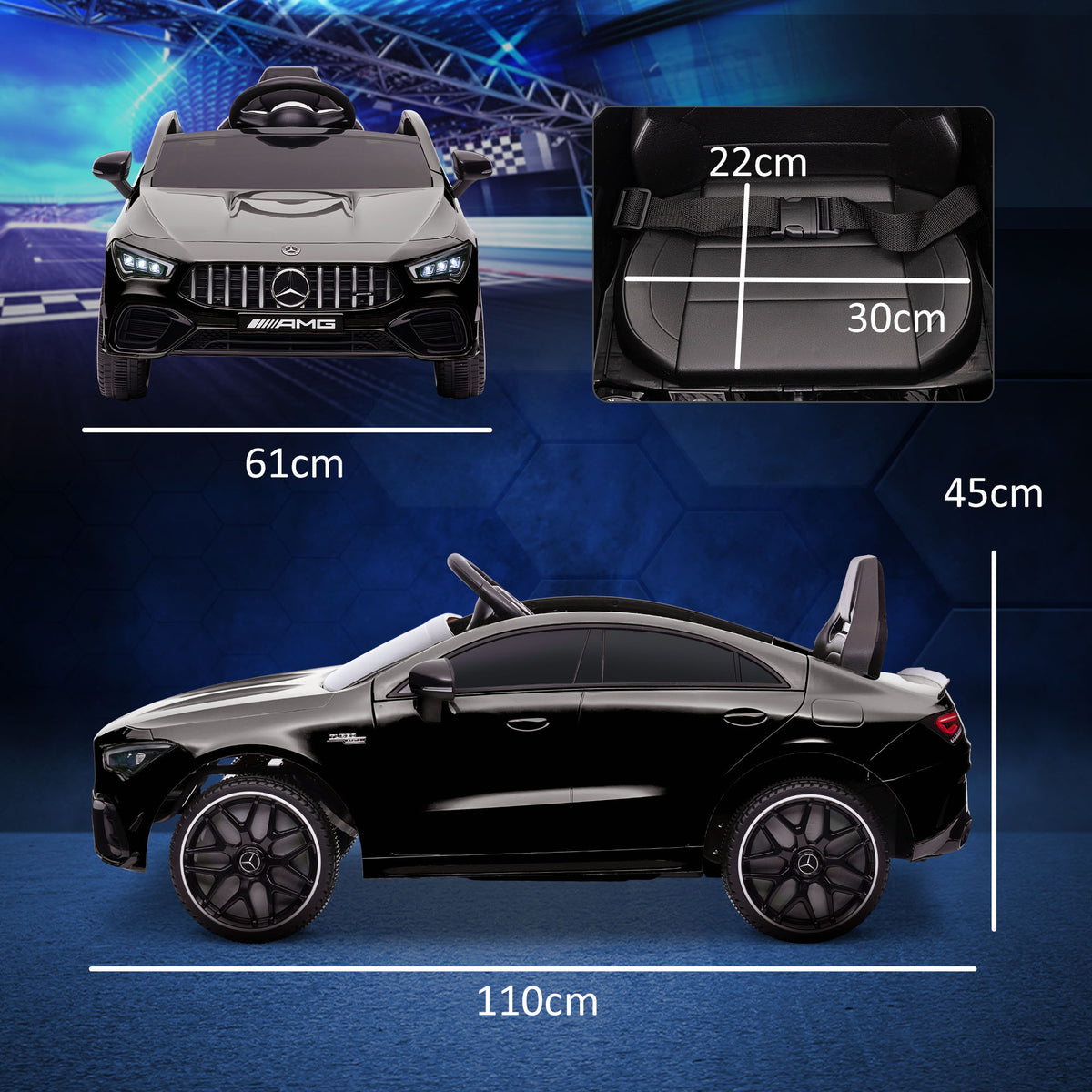 Elektrische kinderauto Mercedes-Benz AMG CLA 45, afstandsbediening, instelbare snelheid (3-5 km/u), led-koplampen, muziek, zwart