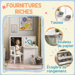 Table enfant avec chaise 3 en 1 avec chevalet pliable étagères de rangement, rouleau de papier - 3 à 8 ans, blanc