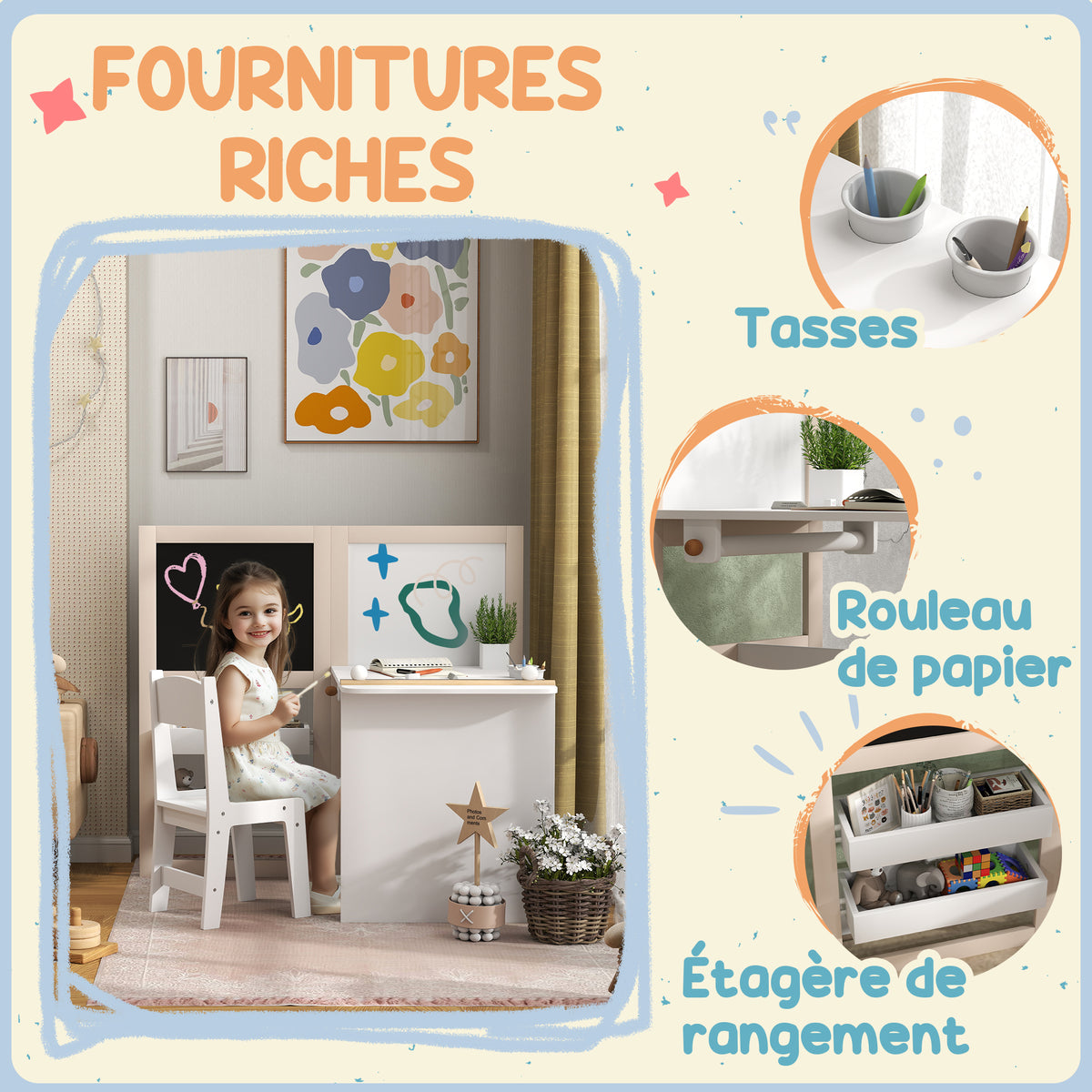Table enfant avec chaise 3 en 1 avec chevalet pliable étagères de rangement, rouleau de papier - 3 à 8 ans, blanc