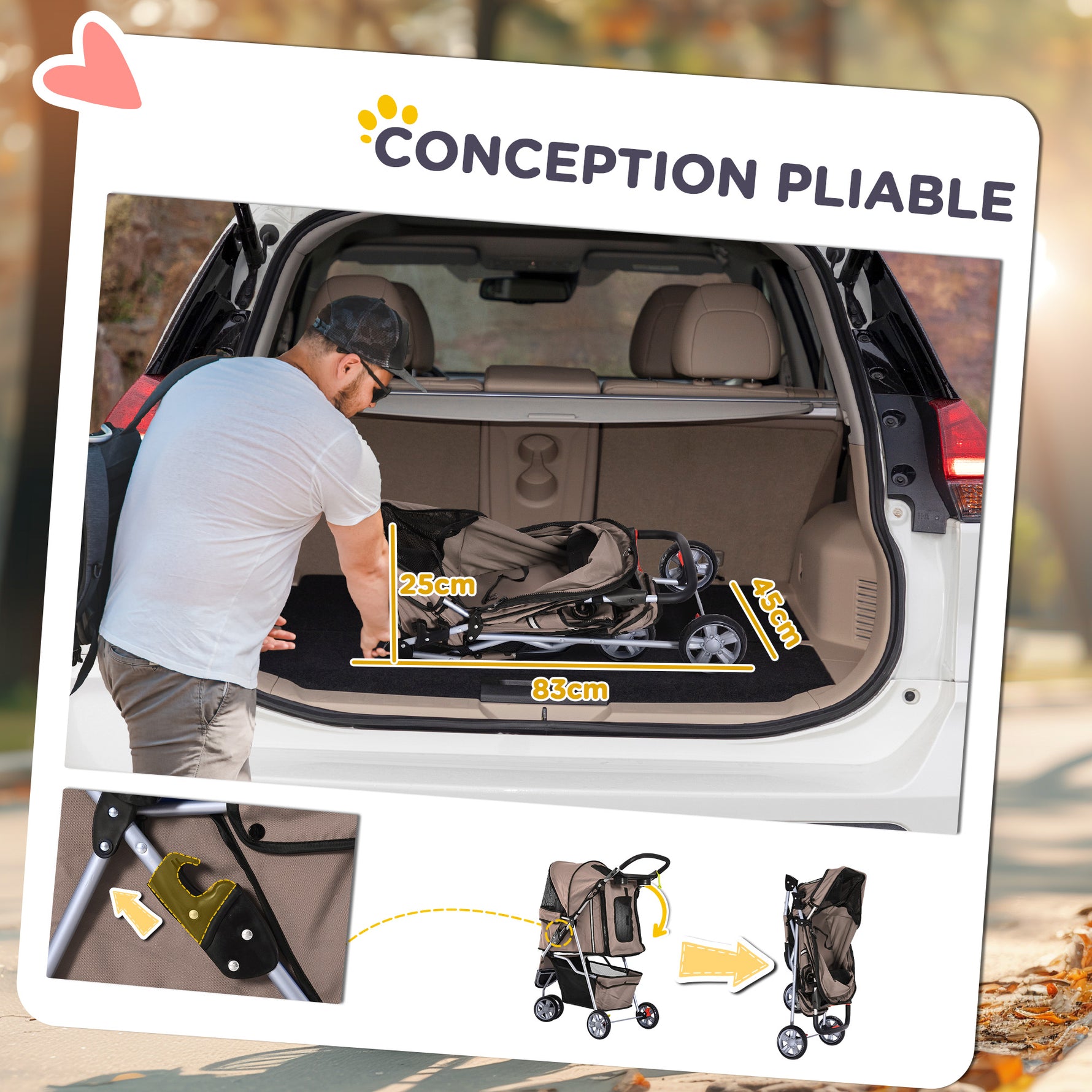 Poussette Buggy Pliable Animaux, Chariot Pliant Chien Chat, Porte-Gobelet Panier de Rangement Inclus, Roues avec Frein, Tissu 600D Oxford Acier, 75 x 45 x 97 cm Marron