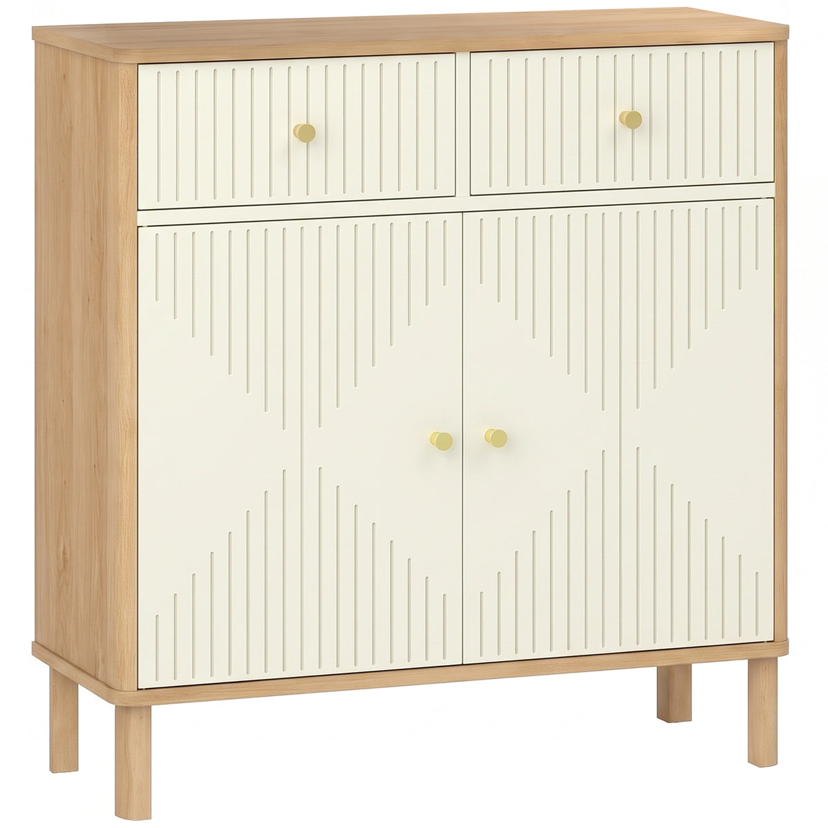 Buffet, meuble de rangement cannelé avec plateau effet chêne, 2 tiroirs, 2 portes, étagère réglable, 77x30x80cm, crème